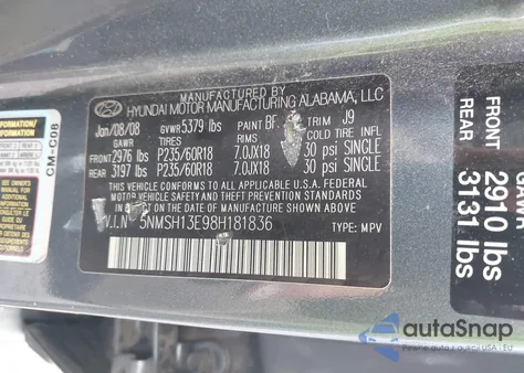 2008 Hyundai Santa Fe Limited/Se z USA, uszkodzony, nr VIN 5NMSH13E98H181836